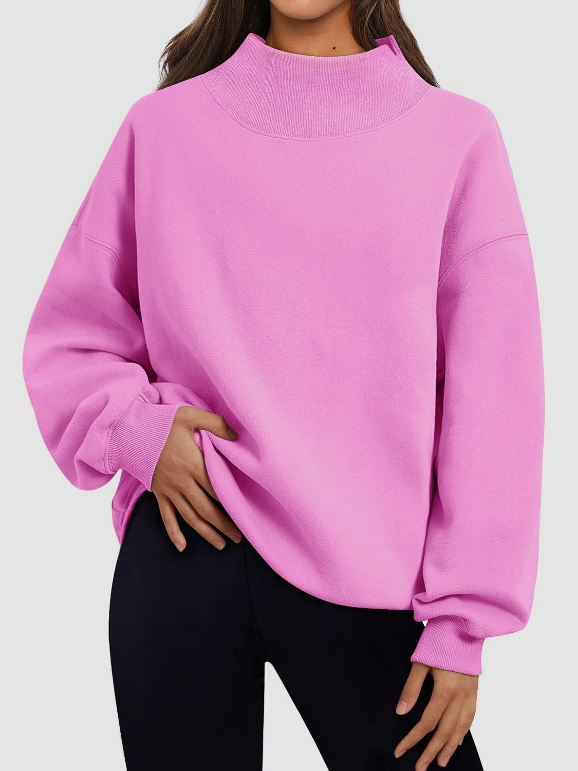 Mock Neck Drop Shoulder Long Sleeve Sweatshirt - Clothes For Her Online Store