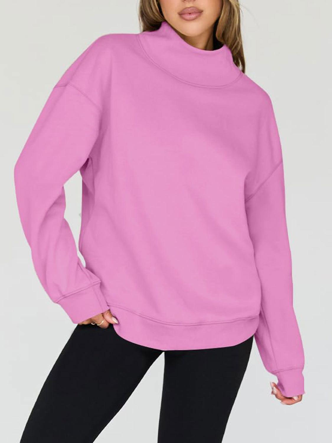 Mock Neck Drop Shoulder Long Sleeve Sweatshirt - Clothes For Her Online Store
