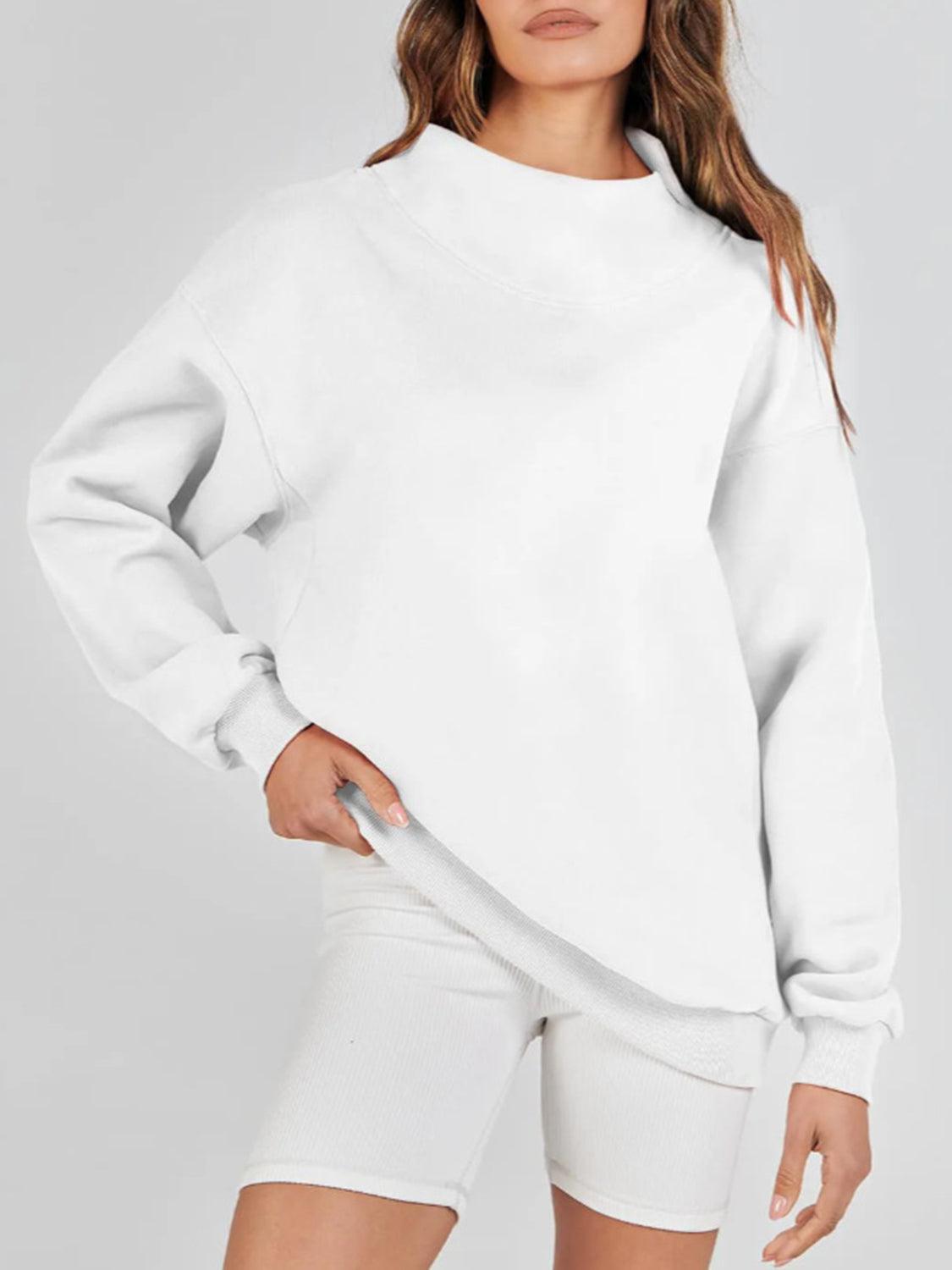 Mock Neck Drop Shoulder Long Sleeve Sweatshirt - Clothes For Her Online Store