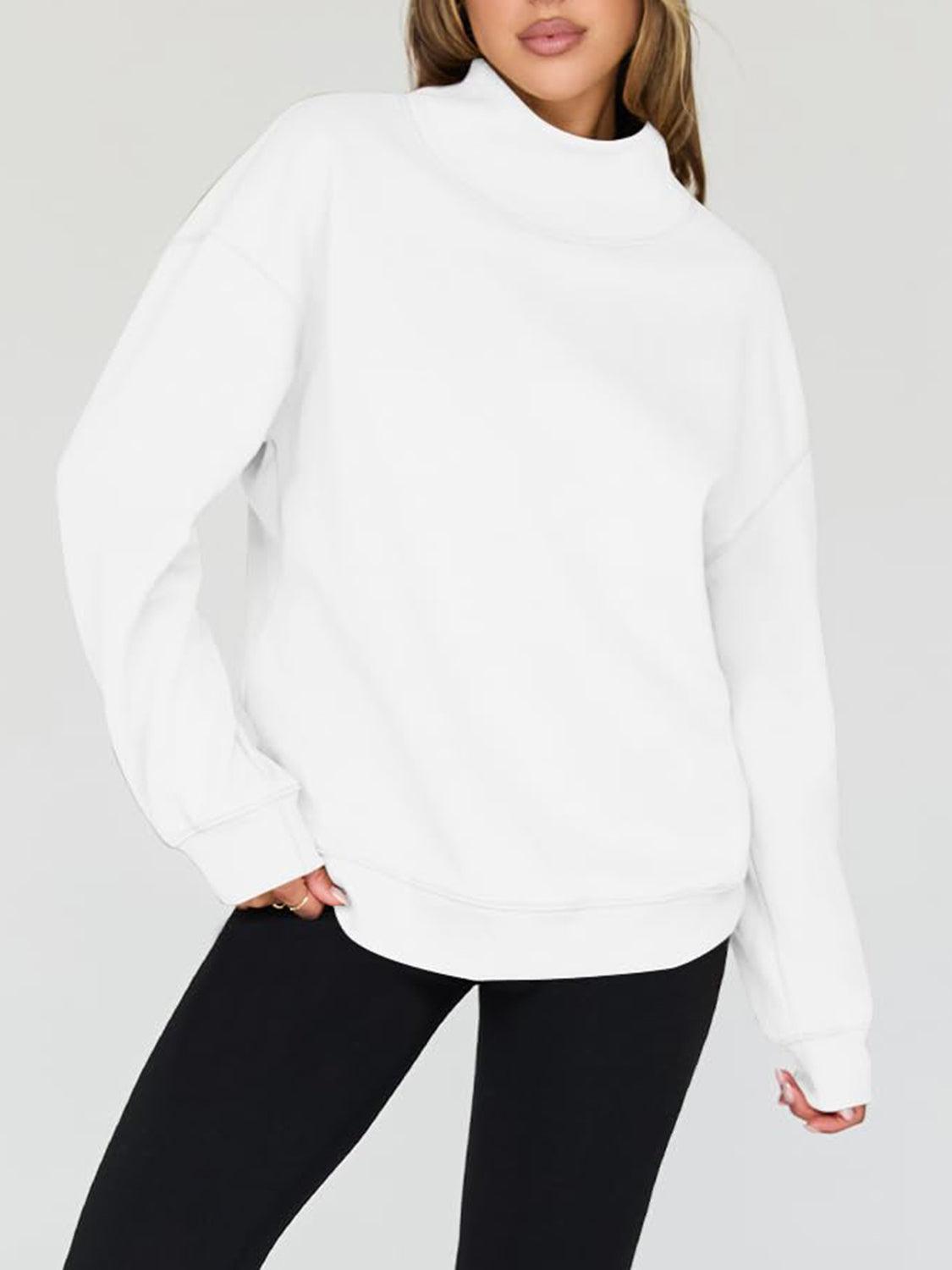 Mock Neck Drop Shoulder Long Sleeve Sweatshirt - Clothes For Her Online Store