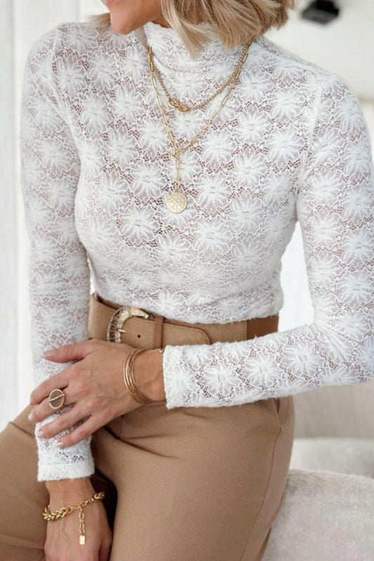 Mock Neck Long Sleeve Lace Top - Clothes For Her Online Store