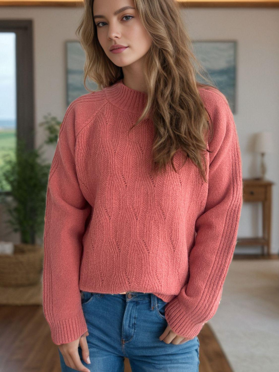 Mock Neck Long Sleeve Sweater - Clothes For Her Online Store