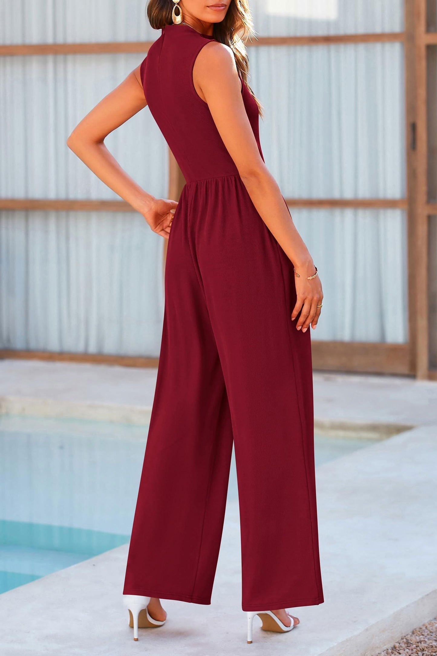 Mock Neck Sleeveless Wide Leg Jumpsuit - Clothes For Her Online Store