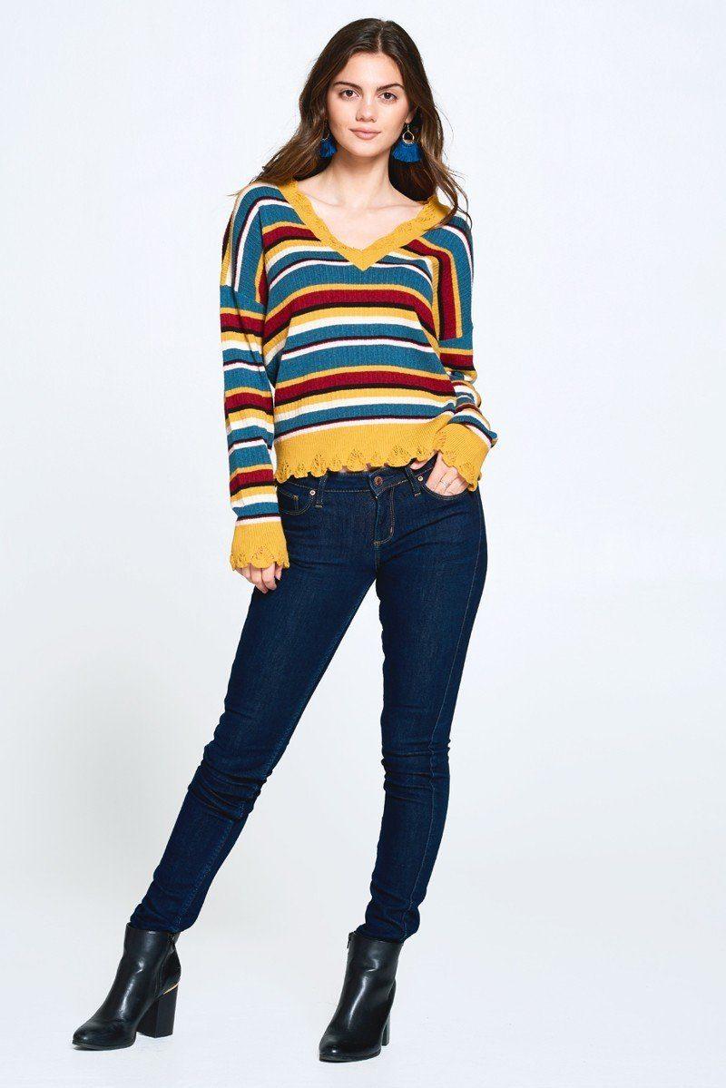 Multi-colored Variegated Striped Knit Sweater - Clothes For Her Online Store