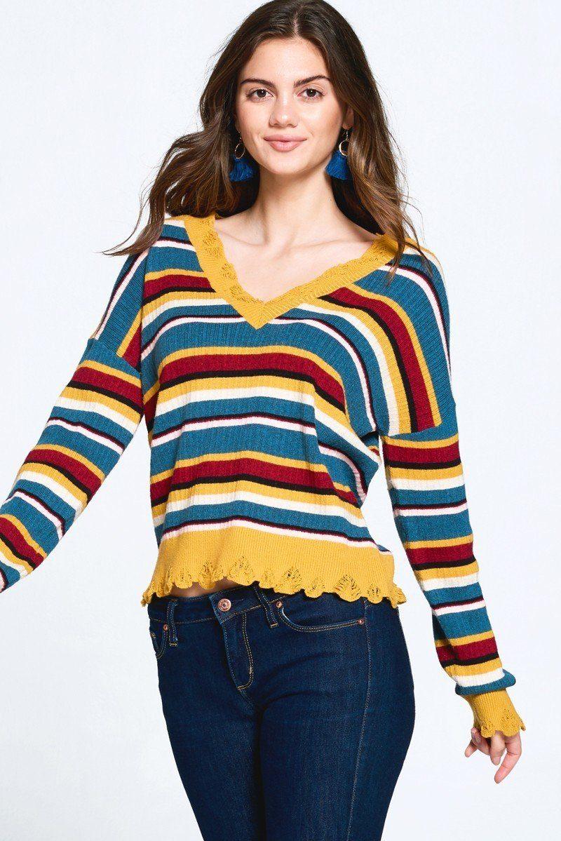 Multi-colored Variegated Striped Knit Sweater - Clothes For Her Online Store