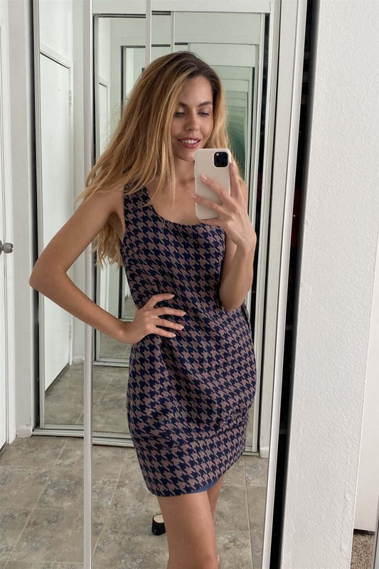 Multi Houndstooth Pattern Sleeveless Mini Dress - Clothes For Her Online Store