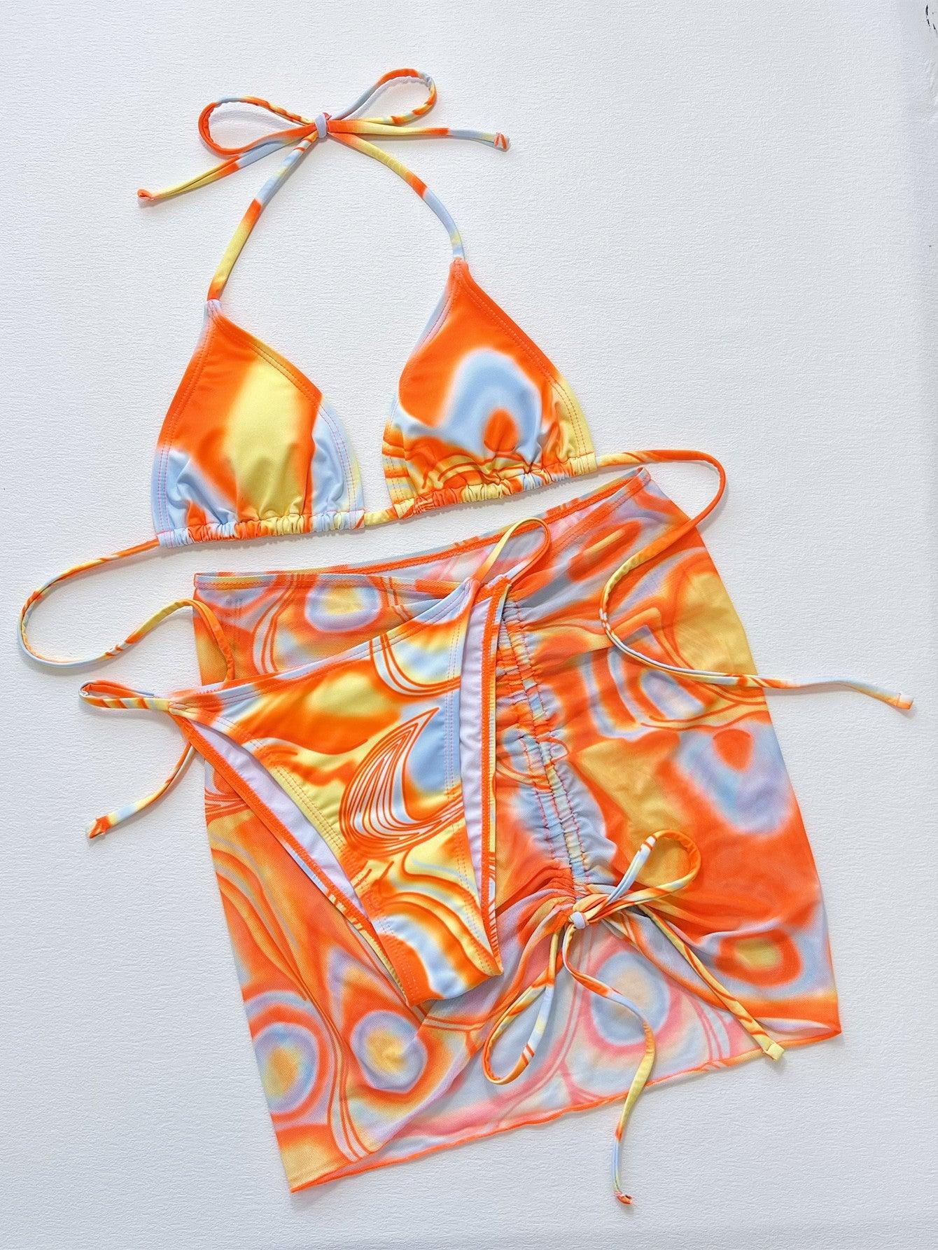 Multicolored Drawstring Ruched Three-Piece Swim Set - Clothes For Her Online Store