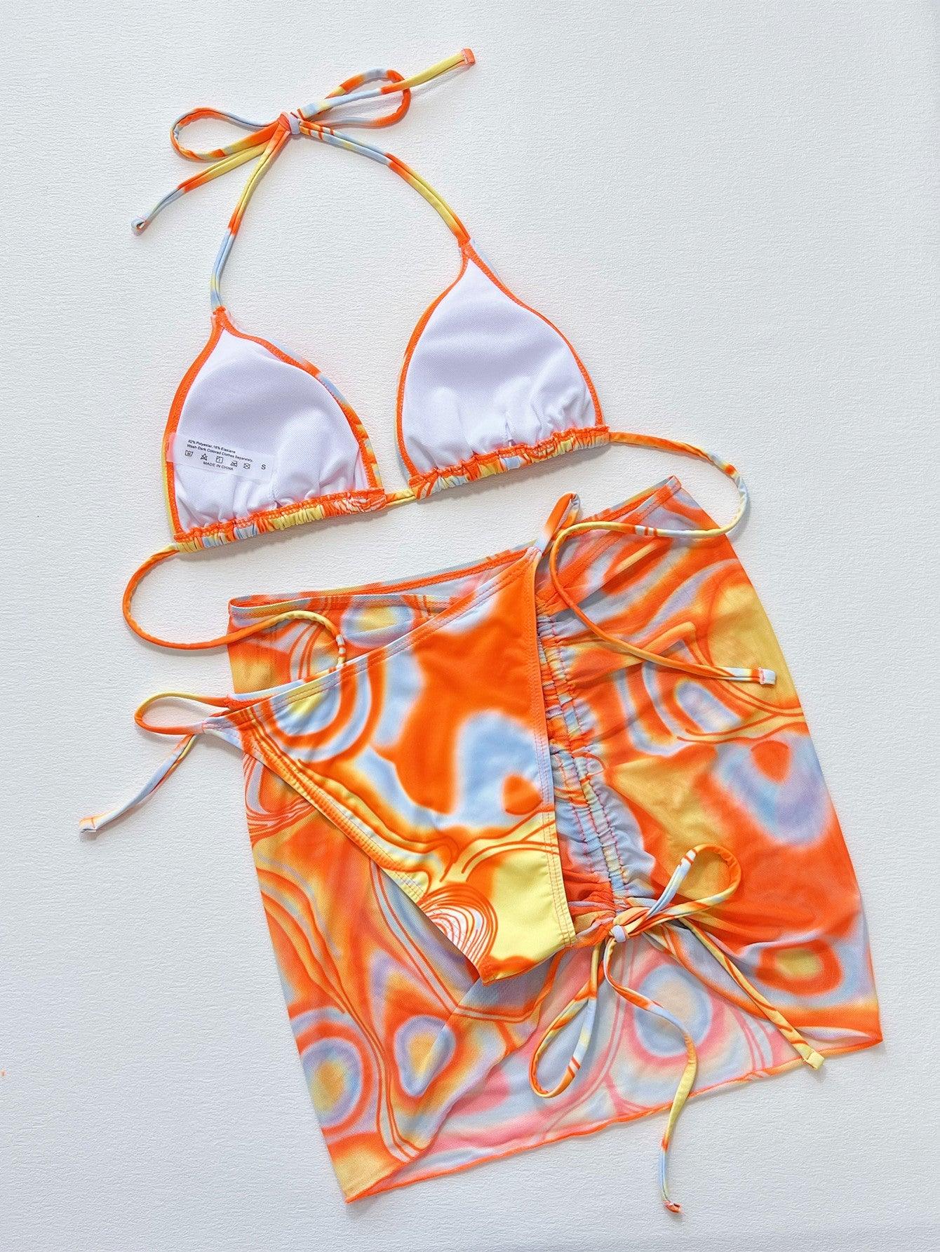 Multicolored Drawstring Ruched Three-Piece Swim Set - Clothes For Her Online Store