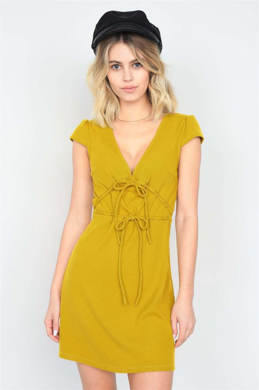 Mustard Ribbed V-neck Cap Sleeve Mini Solid Casual Dress - Clothes For Her Online Store