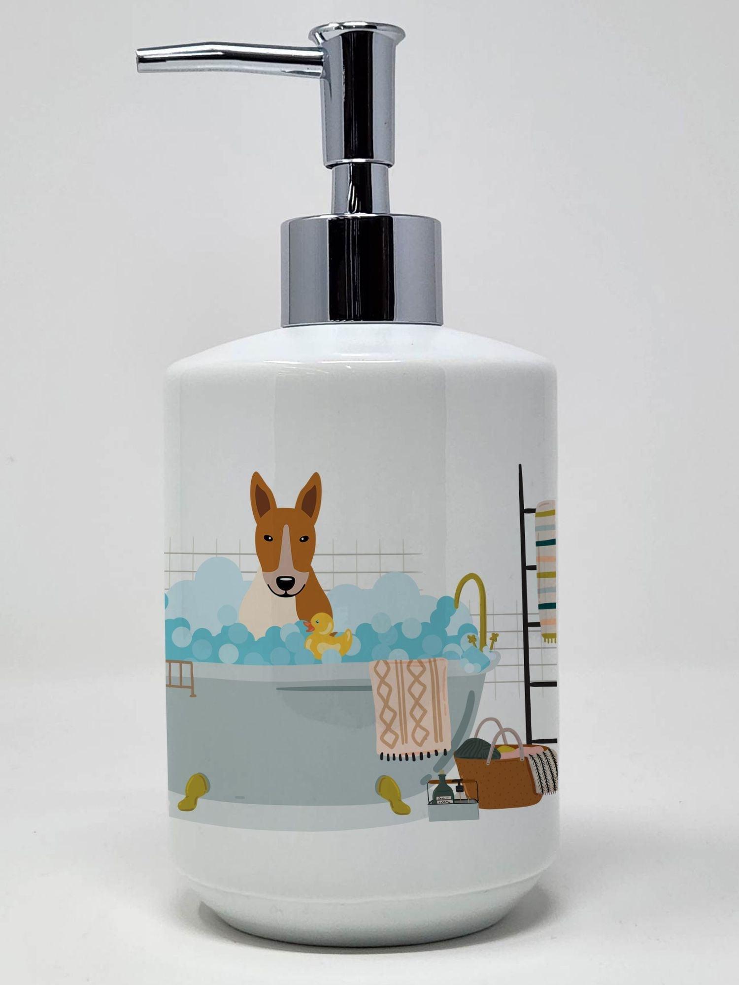 NEW Red White Bull Terrier in Bathtub Ceramic Soap Dispenser Hand Soap Dispenser Pump Bottles for Bathroom Kitchen, Empty Refillable Liquid Soap Container - Clothes For Her Online Store