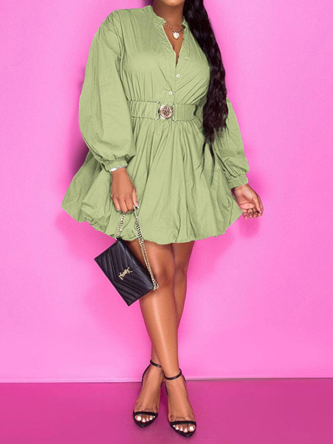 Notched Button Up Balloon Sleeves Dress - Clothes For Her Online Store