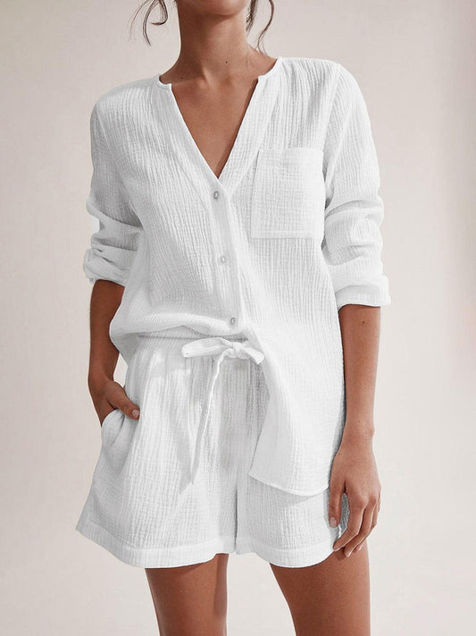 Notched Long Sleeve Top and Shorts Set - Clothes For Her Online Store