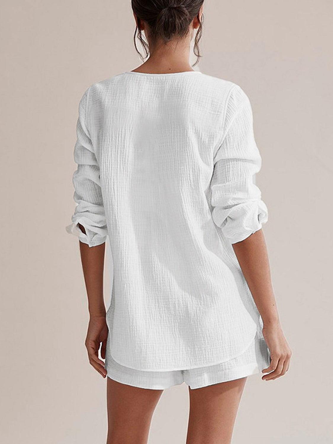 Notched Long Sleeve Top and Shorts Set - Clothes For Her Online Store