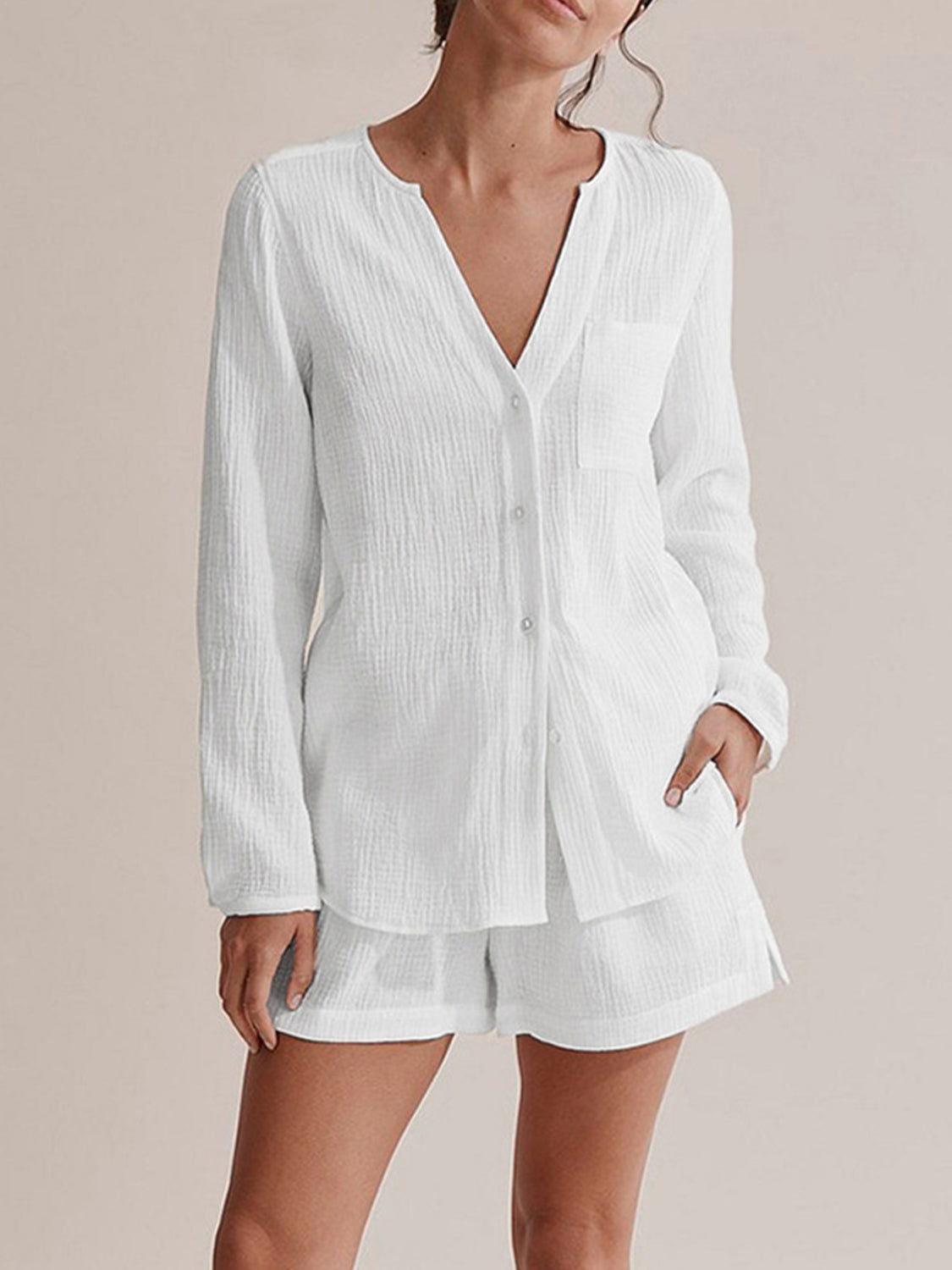 Notched Long Sleeve Top and Shorts Set - Clothes For Her Online Store