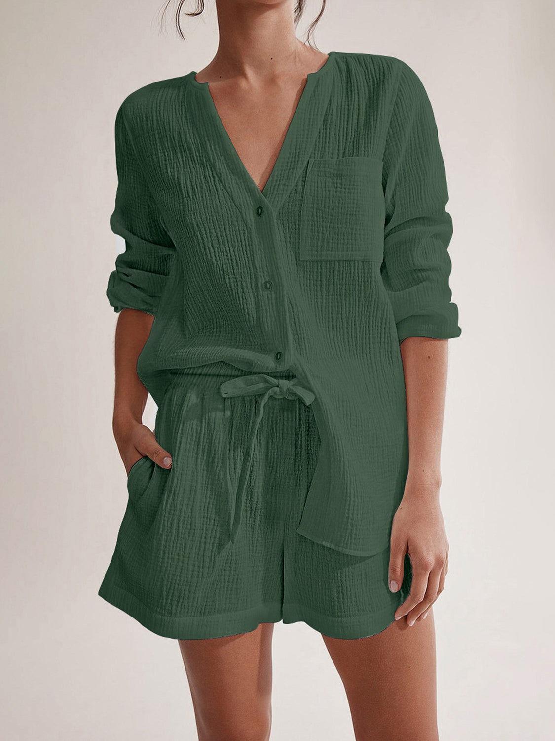 Notched Long Sleeve Top and Shorts Set - Clothes For Her Online Store