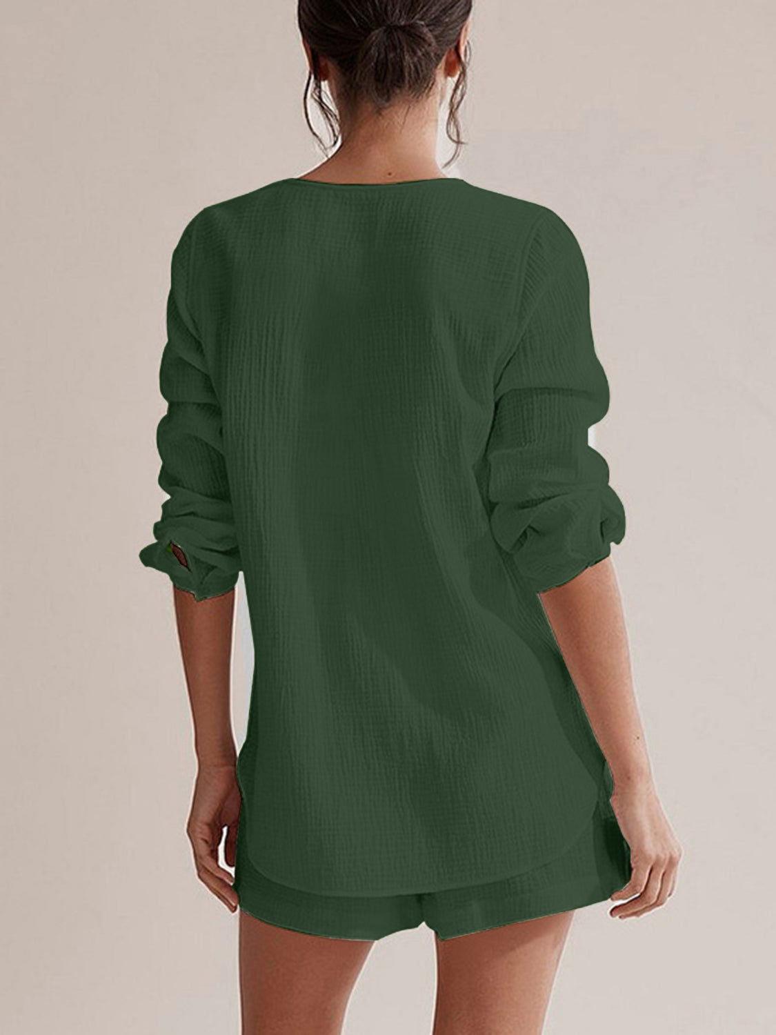 Notched Long Sleeve Top and Shorts Set - Clothes For Her Online Store