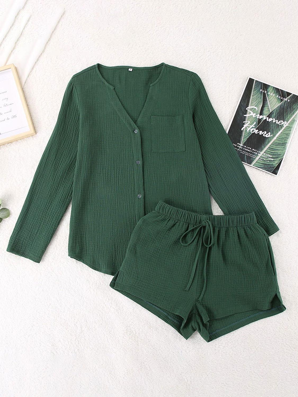 Notched Long Sleeve Top and Shorts Set - Clothes For Her Online Store