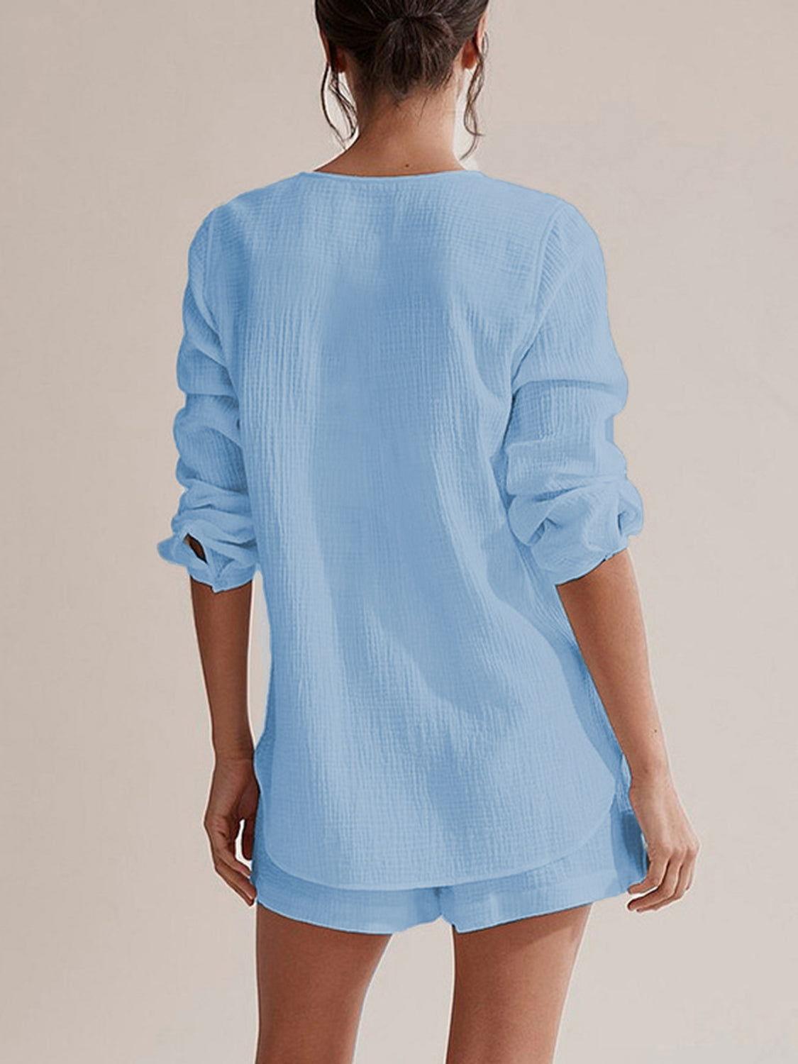 Notched Long Sleeve Top and Shorts Set - Clothes For Her Online Store