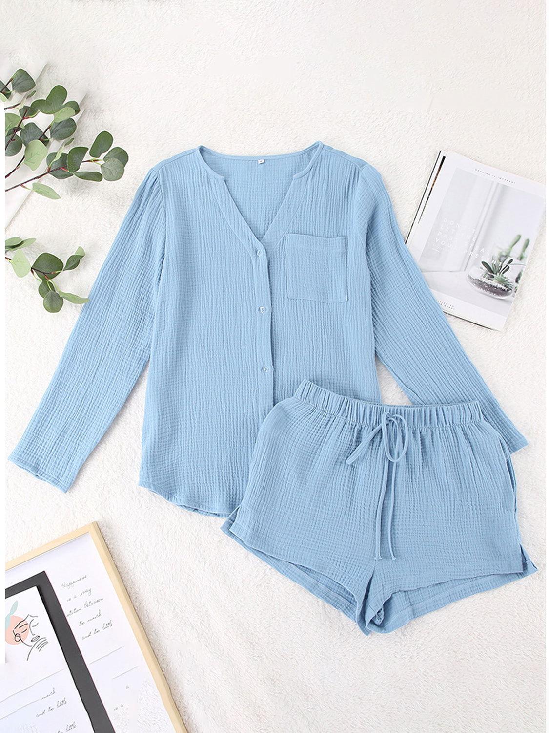 Notched Long Sleeve Top and Shorts Set - Clothes For Her Online Store