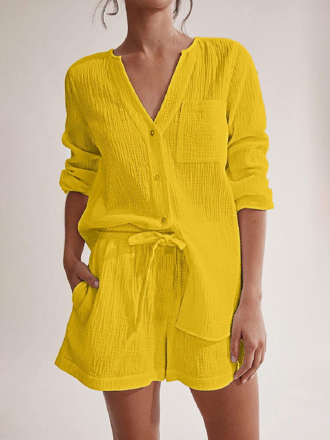 Notched Long Sleeve Top and Shorts Set - Clothes For Her Online Store