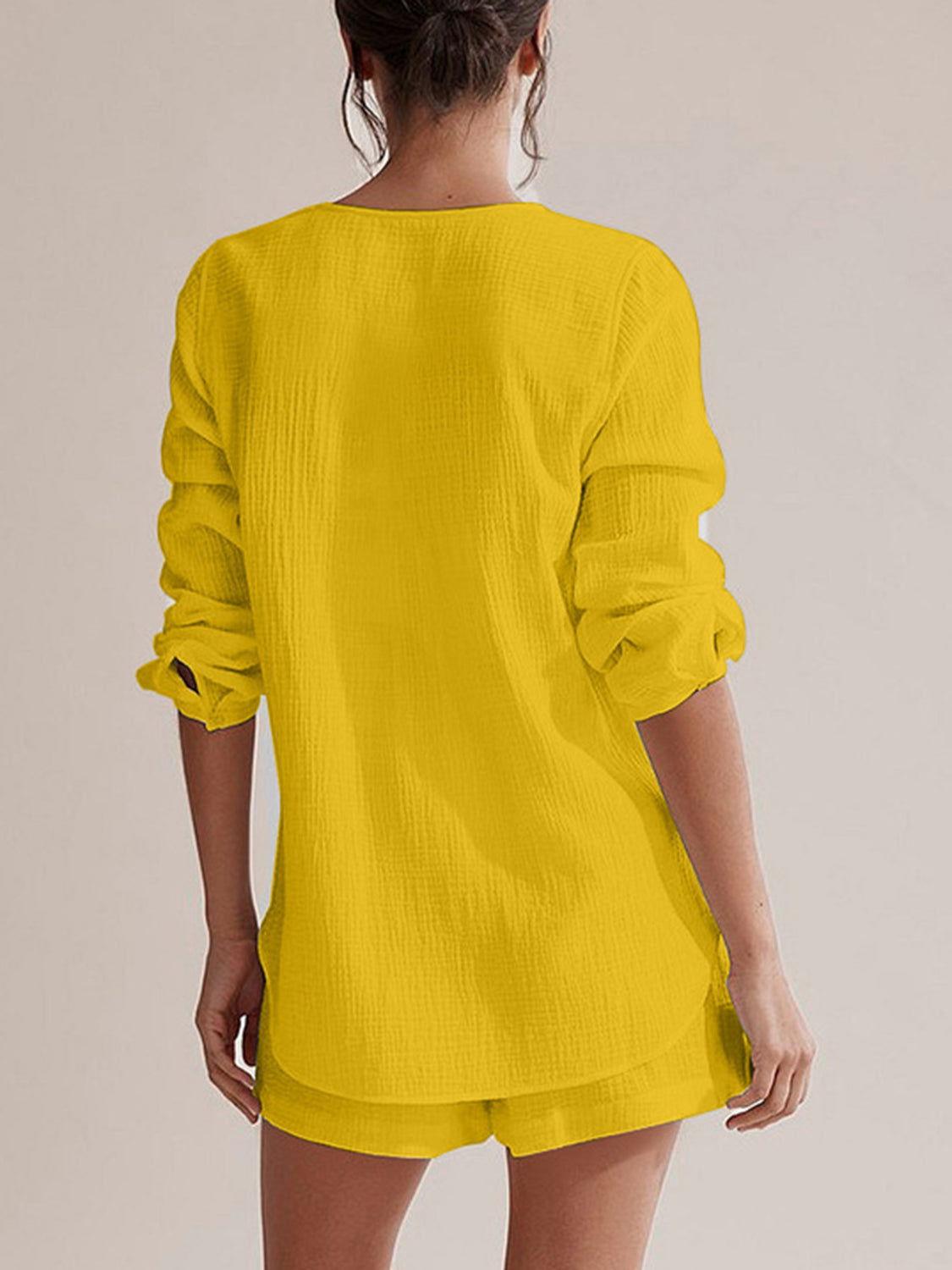 Notched Long Sleeve Top and Shorts Set - Clothes For Her Online Store