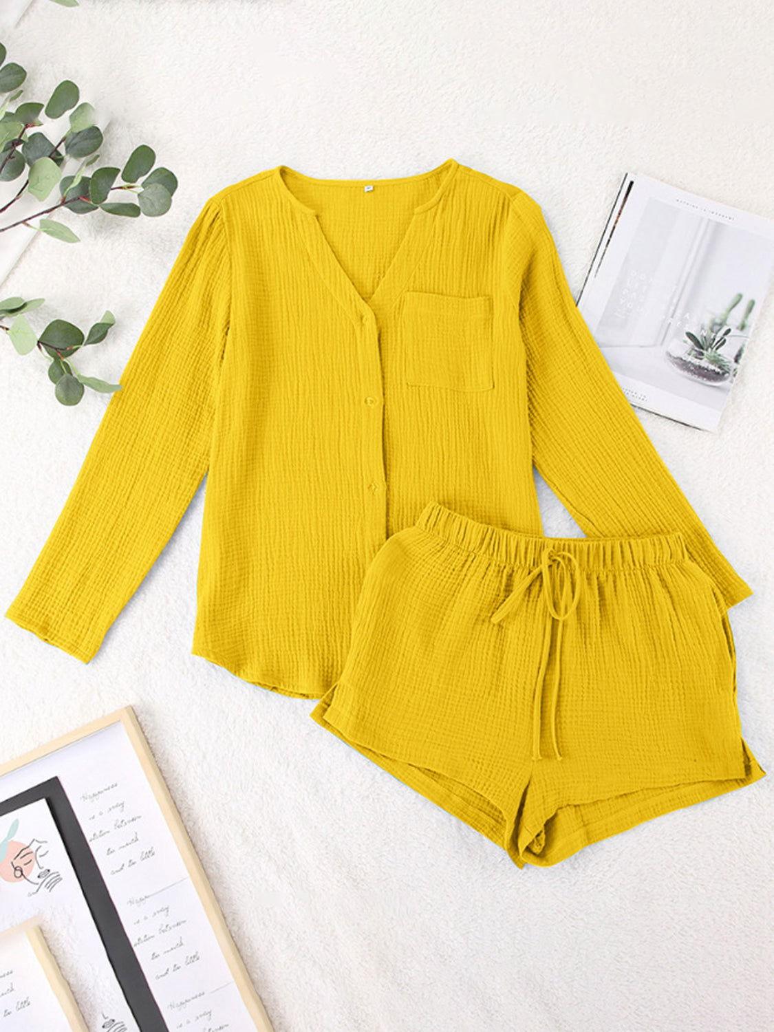 Notched Long Sleeve Top and Shorts Set - Clothes For Her Online Store