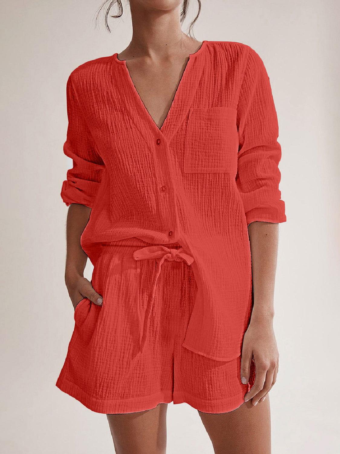 Notched Long Sleeve Top and Shorts Set - Clothes For Her Online Store