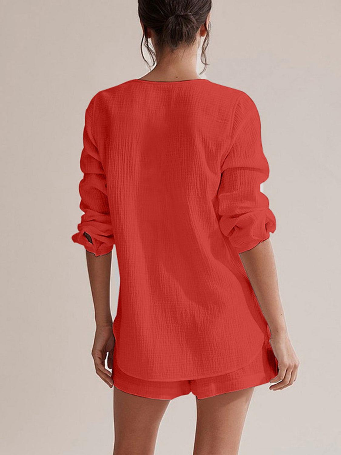 Notched Long Sleeve Top and Shorts Set - Clothes For Her Online Store