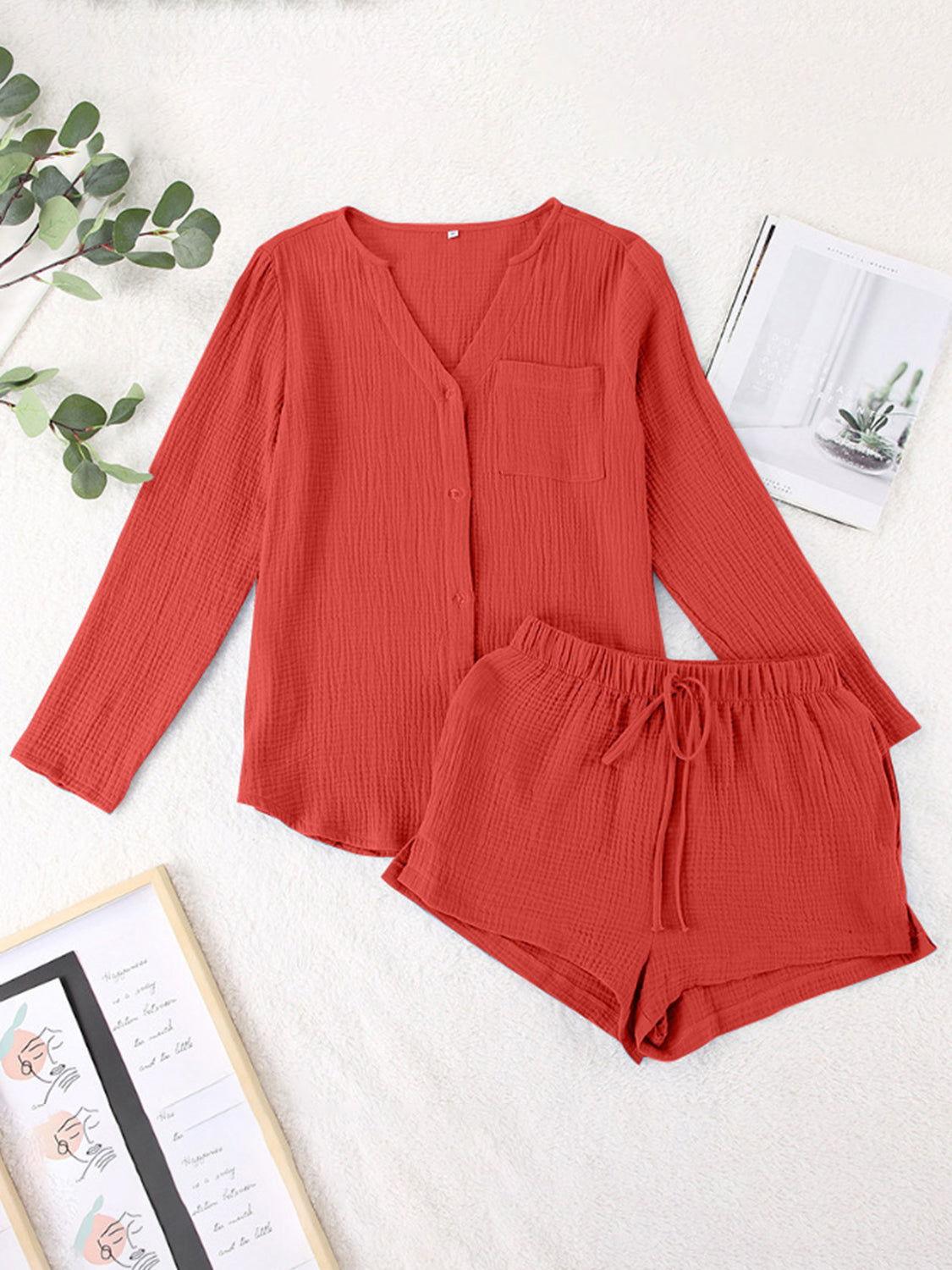 Notched Long Sleeve Top and Shorts Set - Clothes For Her Online Store
