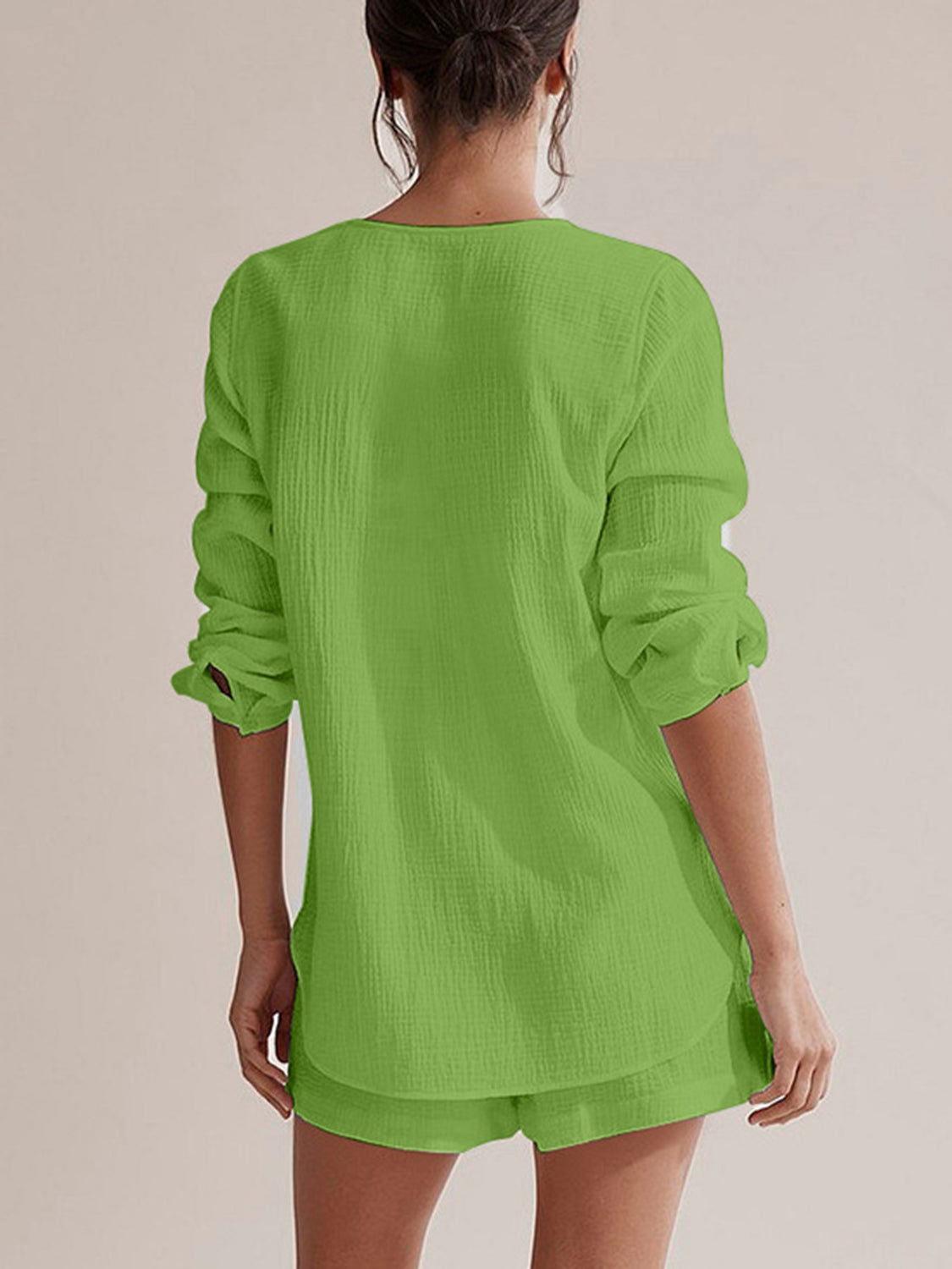 Notched Long Sleeve Top and Shorts Set - Clothes For Her Online Store