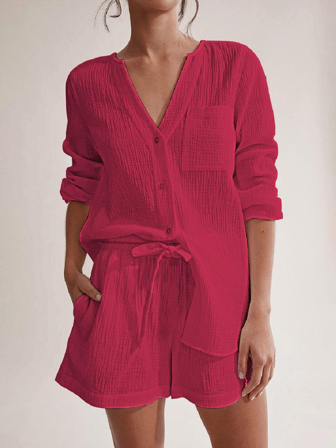 Notched Long Sleeve Top and Shorts Set - Clothes For Her Online Store