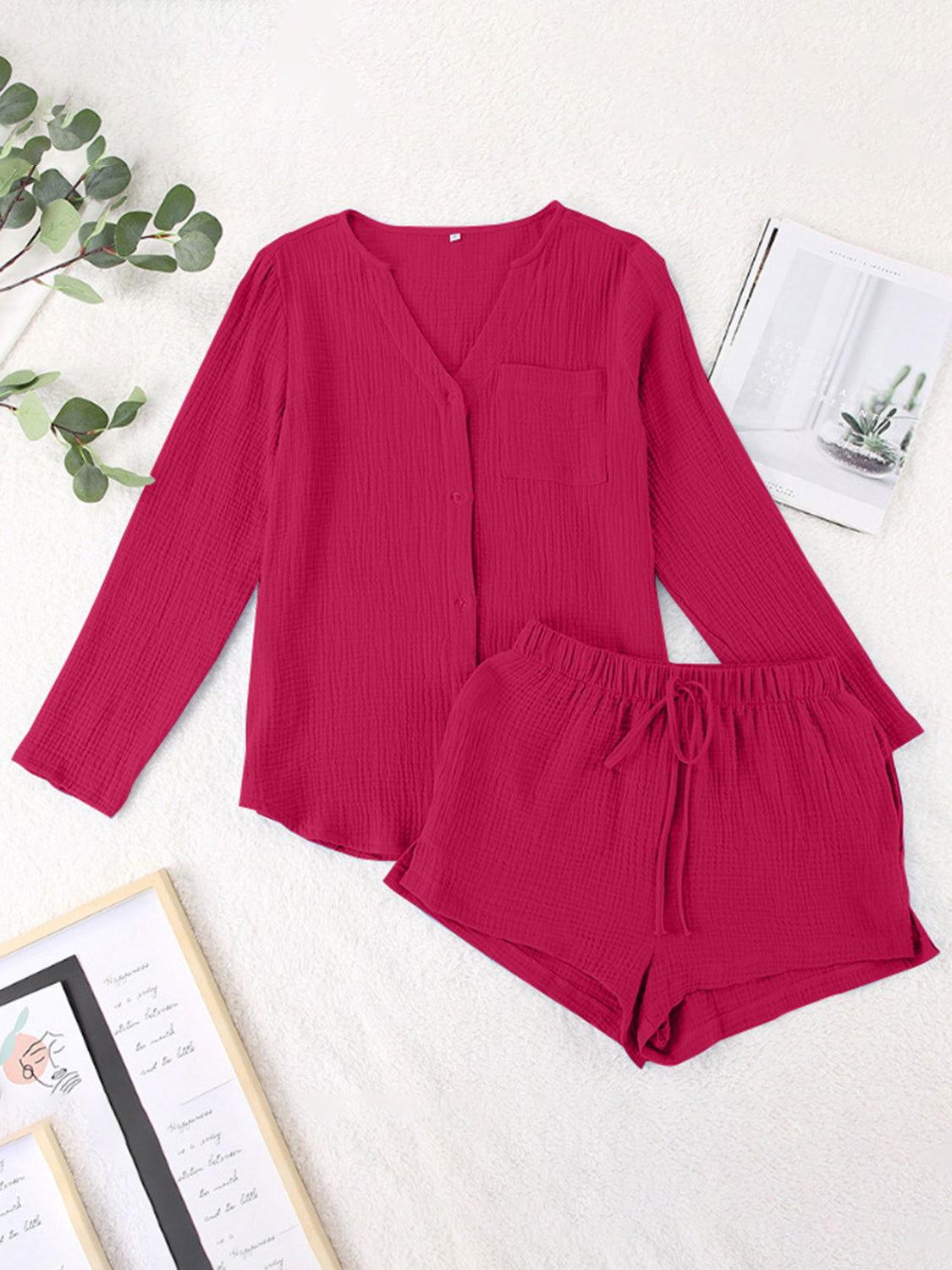 Notched Long Sleeve Top and Shorts Set - Clothes For Her Online Store