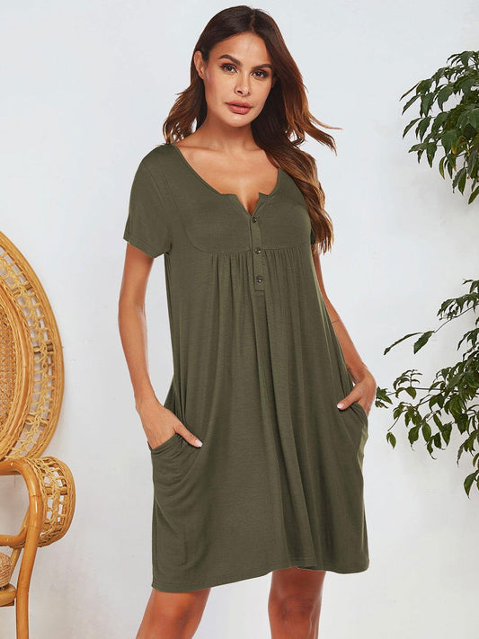Notched Short Sleeve Mini Lounge Dress - Clothes For Her Online Store