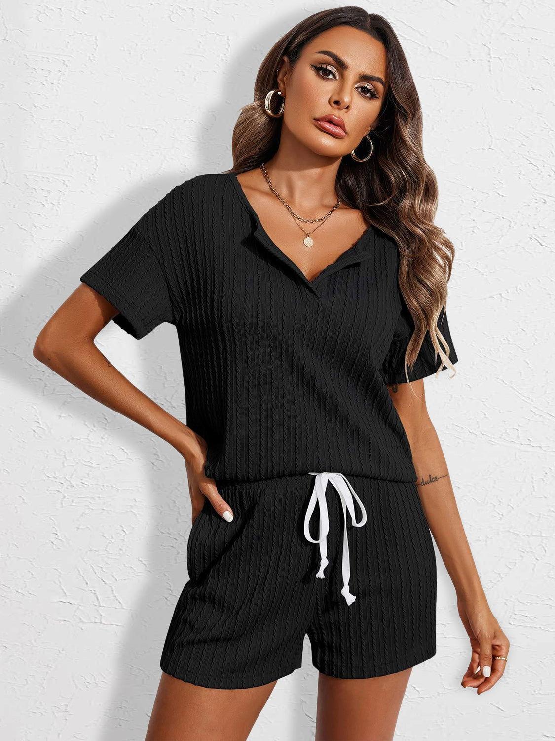 Notched Short Sleeve Top and Shorts Set - Clothes For Her Online Store