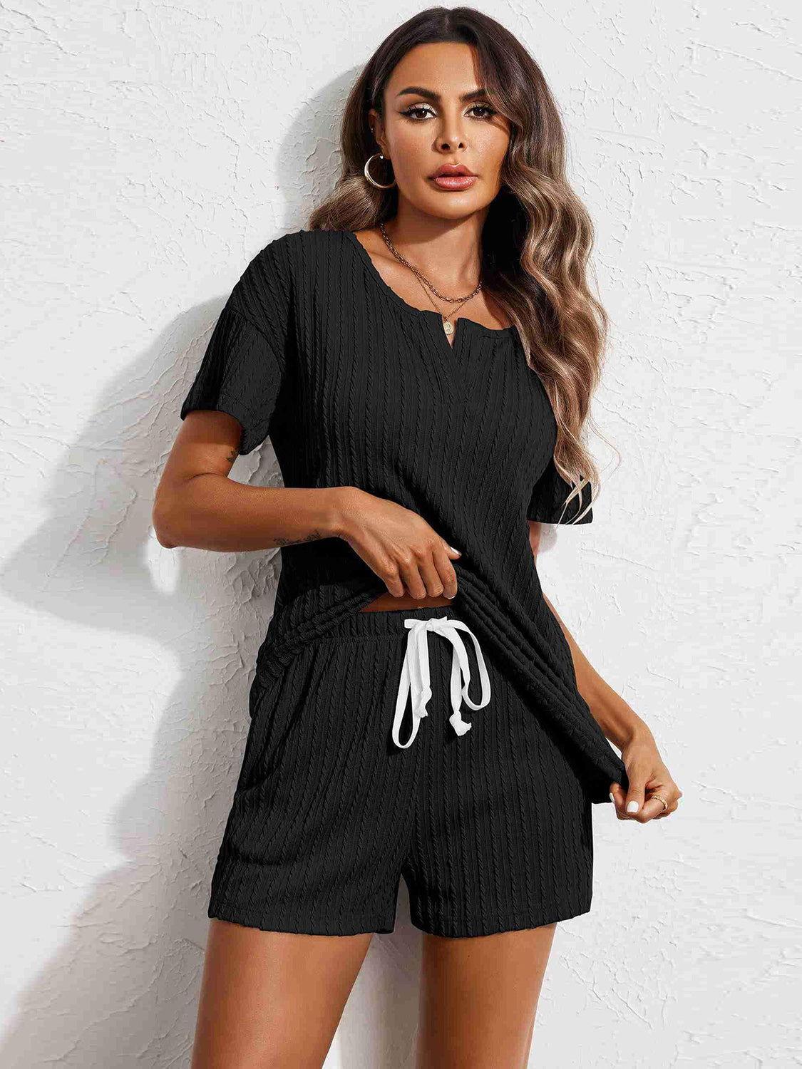 Notched Short Sleeve Top and Shorts Set - Clothes For Her Online Store