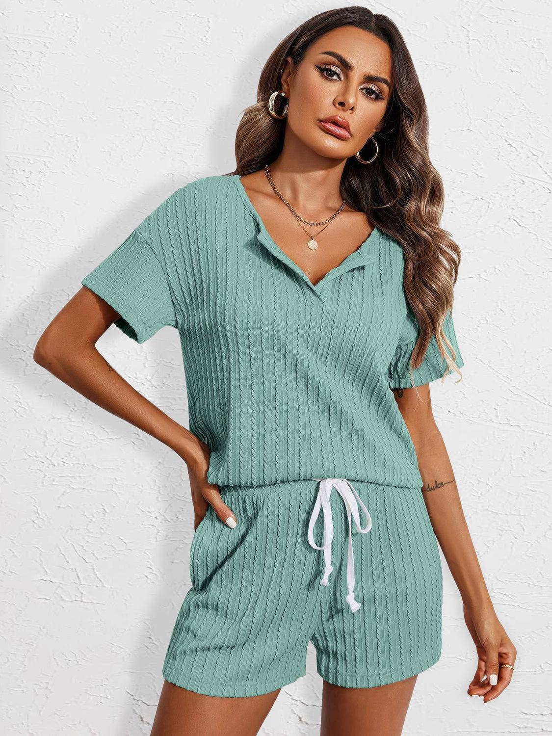 Notched Short Sleeve Top and Shorts Set - Clothes For Her Online Store