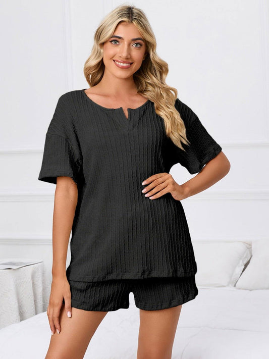 Notched Short Sleeve and Shorts Lounge Set - Clothes For Her Online Store