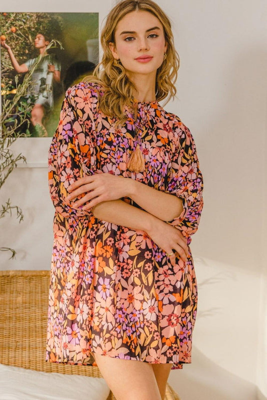 ODDI Full Size Floral Tied Neck Mini Dress - Clothes For Her Online Store