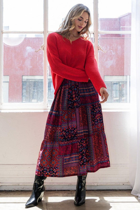 ODDI Full Size Printed Tiered Maxi Skirt - Clothes For Her Online Store