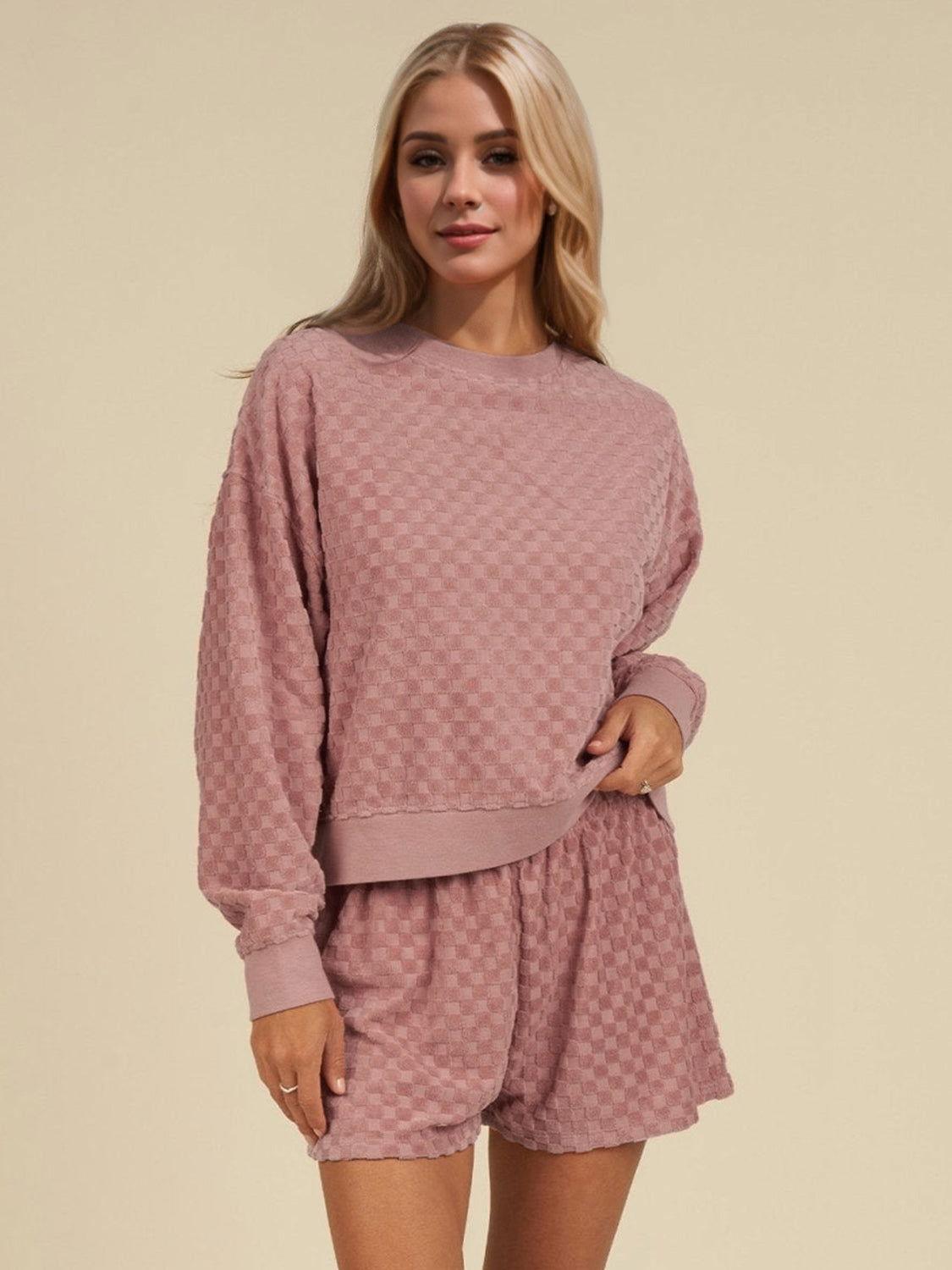 OH Checkered Round Neck Long Sleeve Top and Shorts Set - Clothes For Her Online Store