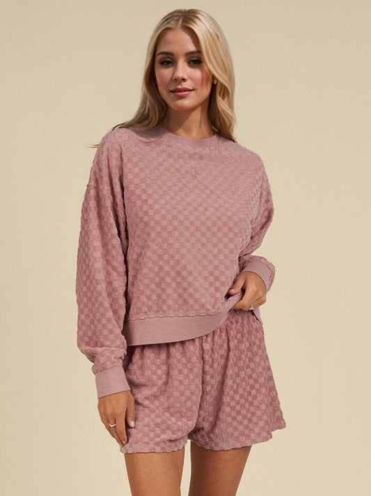 OH Checkered Round Neck Long Sleeve Top and Shorts Set - Clothes For Her Online Store