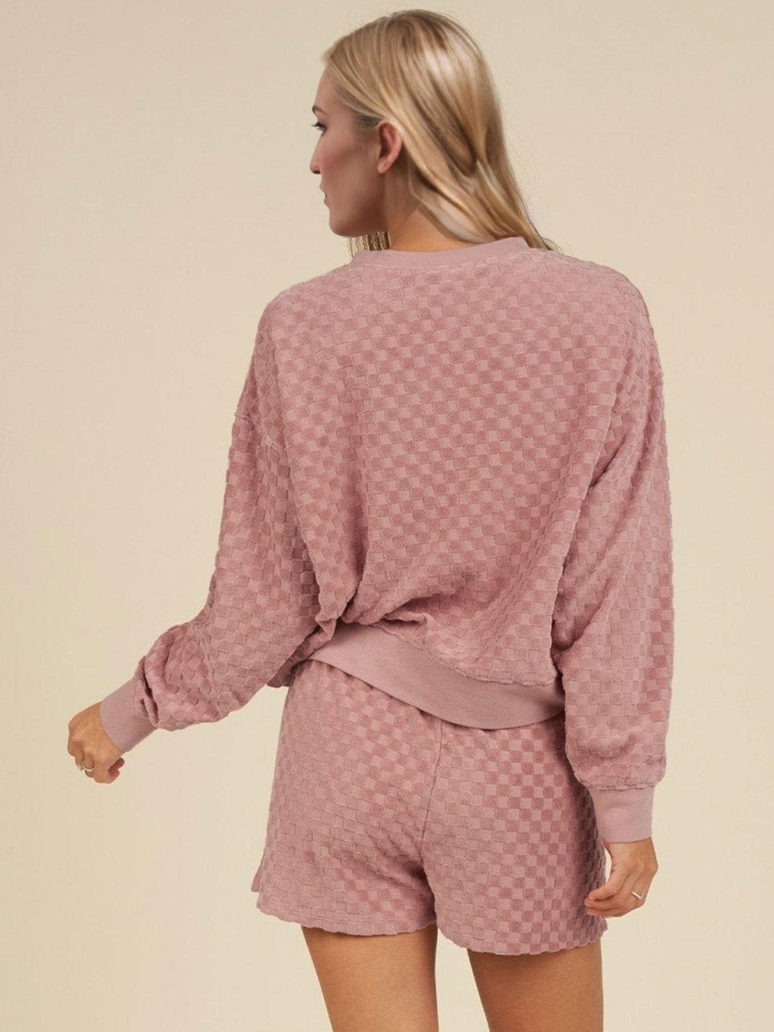 OH Checkered Round Neck Long Sleeve Top and Shorts Set - Clothes For Her Online Store
