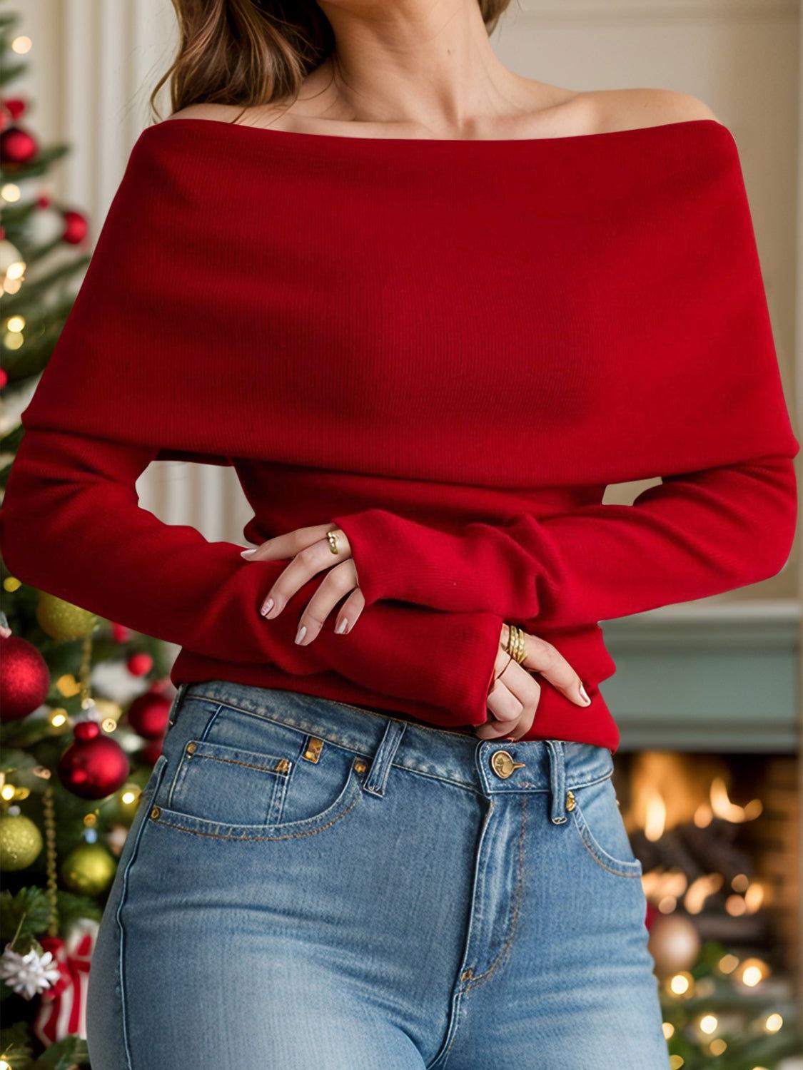 Off-Shoulder Long Sleeve Sweater - Clothes For Her Online Store