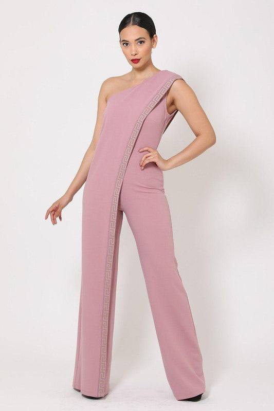 One Shoulder Greek Border Pattern Jumpsuit - Clothes For Her Online Store