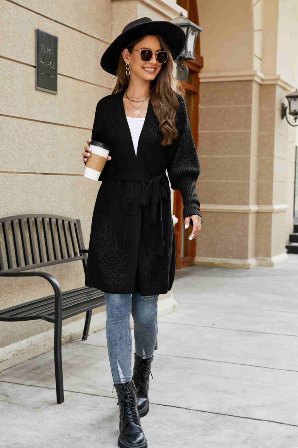 Open Front Lantern Sleeve Cardigan - Clothes For Her Online Store