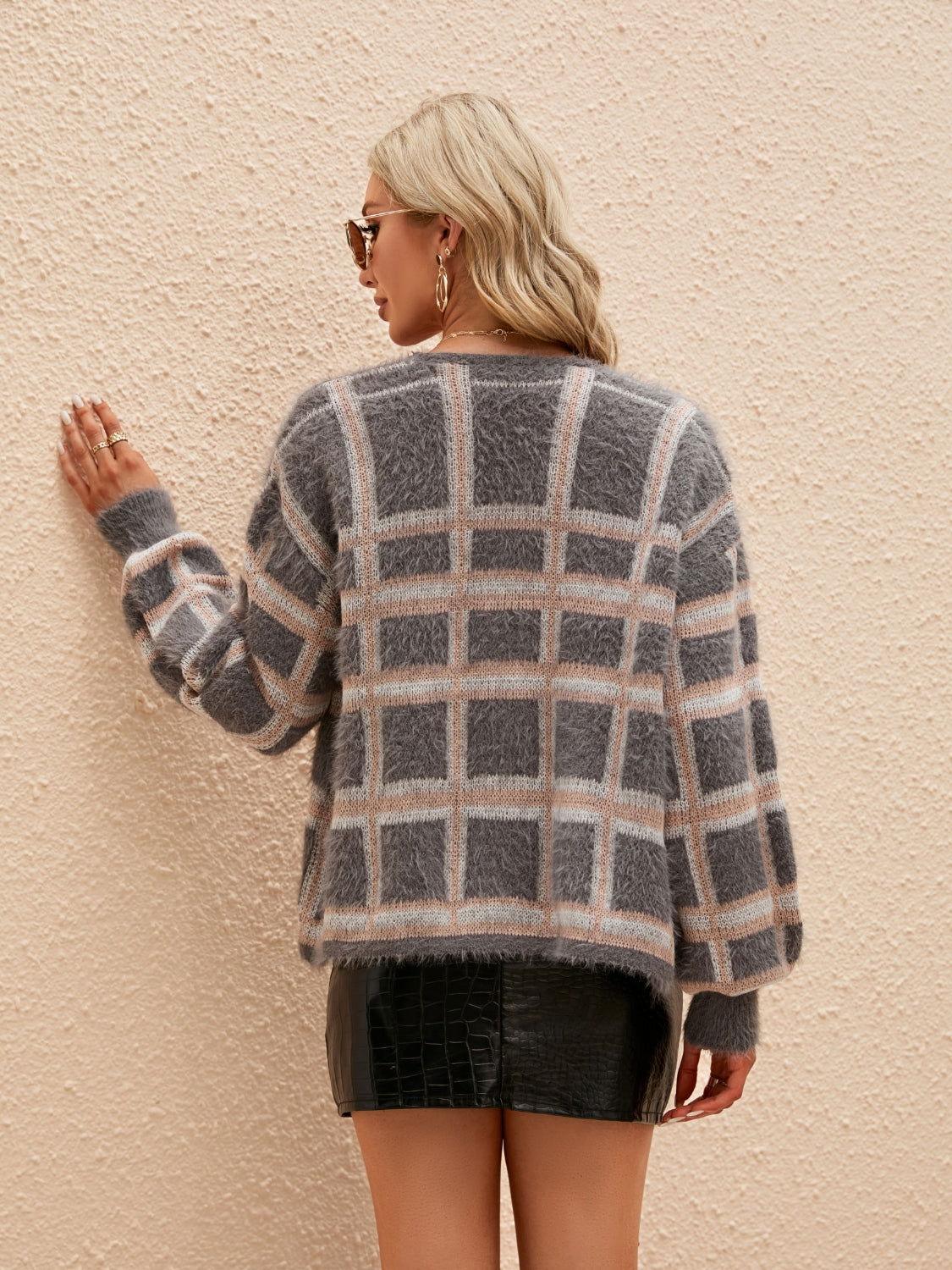 Open Front Plaid Long Sleeve Cardigan - Clothes For Her Online Store