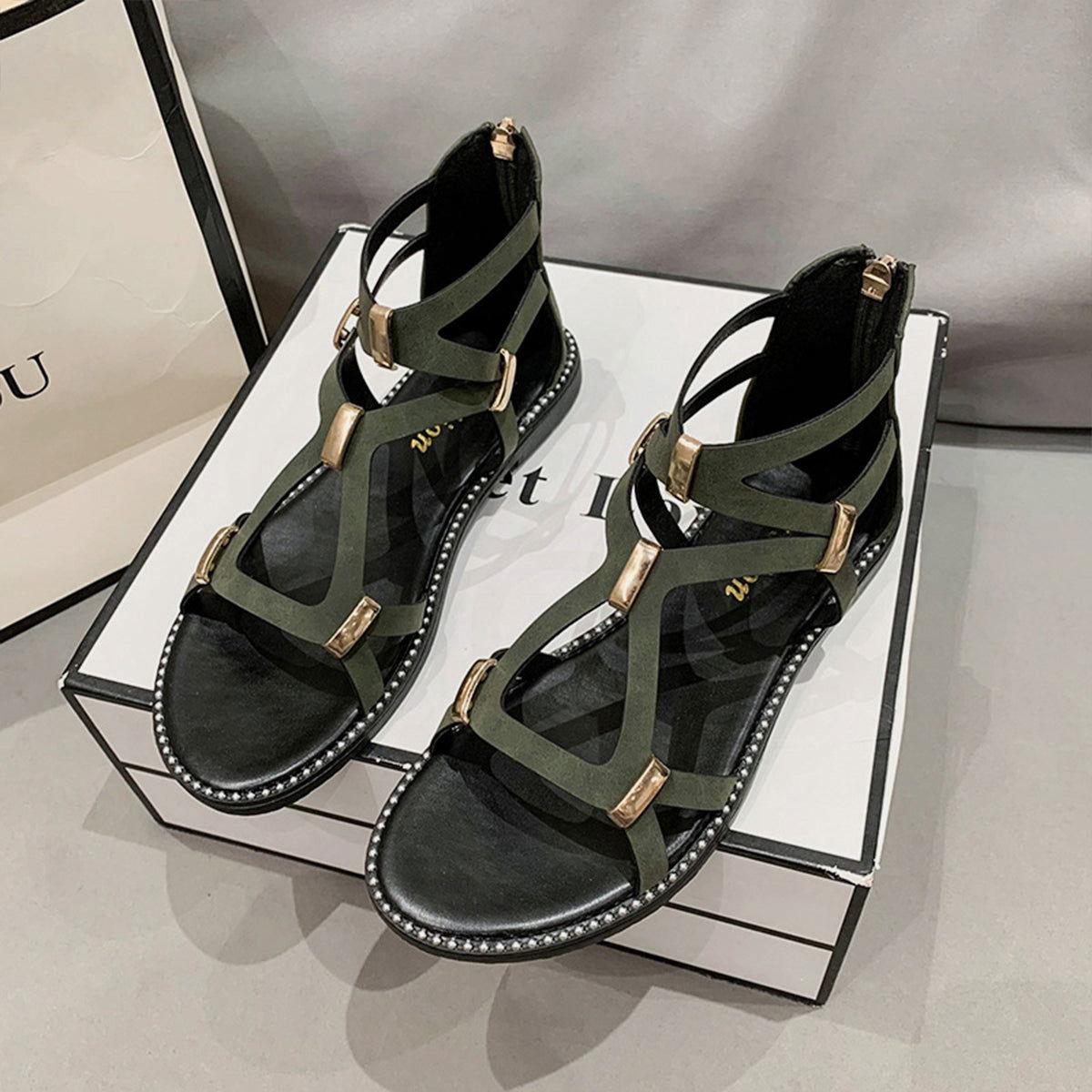 Open Toe Back Zipper Flat Sandals - Clothes For Her Online Store