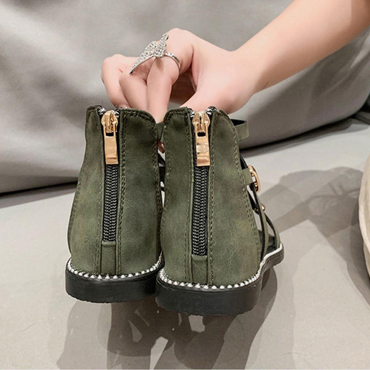 Open Toe Back Zipper Flat Sandals - Clothes For Her Online Store