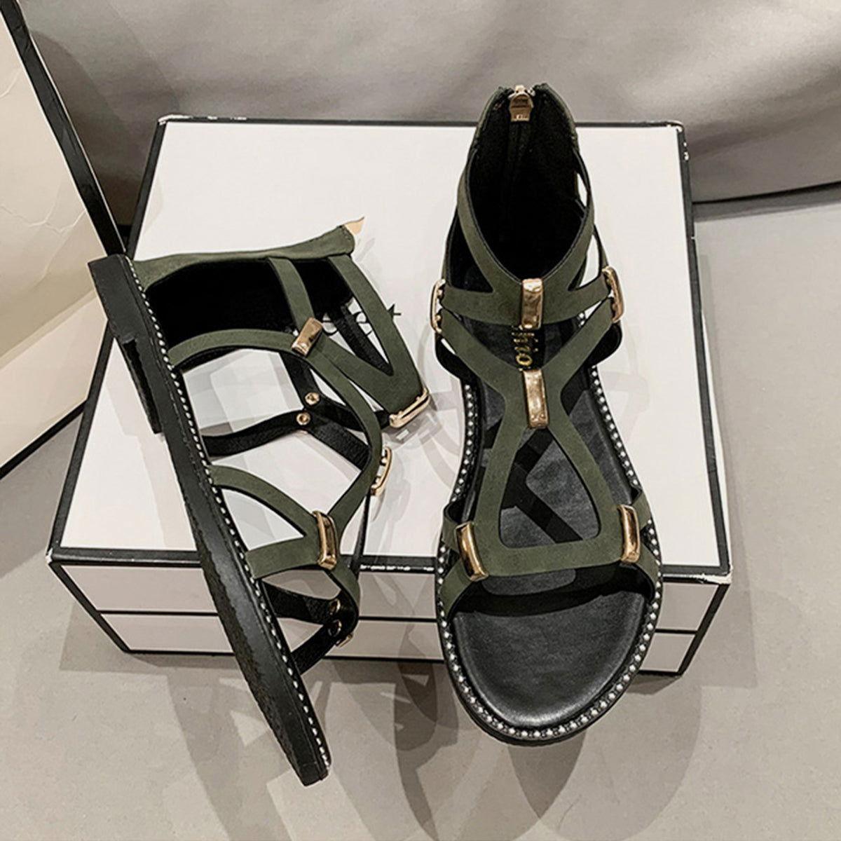 Open Toe Back Zipper Flat Sandals - Clothes For Her Online Store