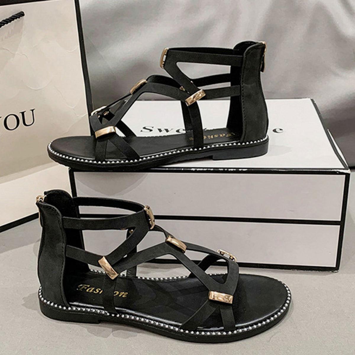 Open Toe Back Zipper Flat Sandals - Clothes For Her Online Store
